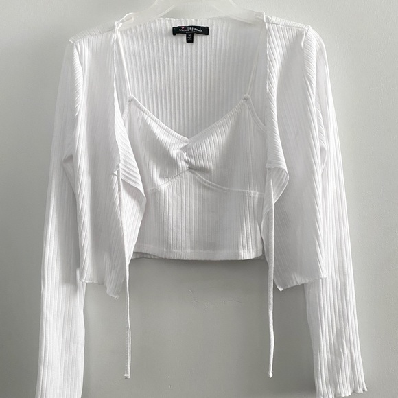 Mixed Threads (juniors) ribbed long sleeve cardi + cropped cami coord set, white - Picture 2 of 11